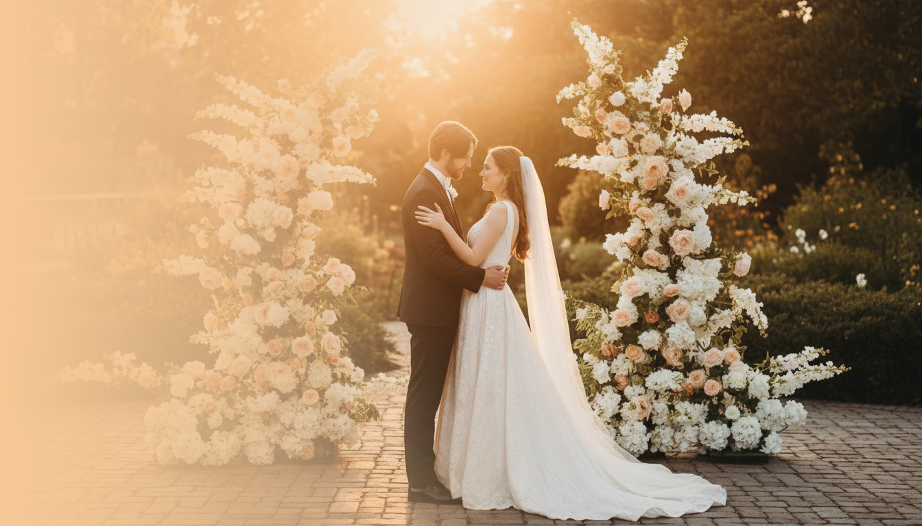Wedding couple embracing in front of floral arrangements with a warm, golden light.