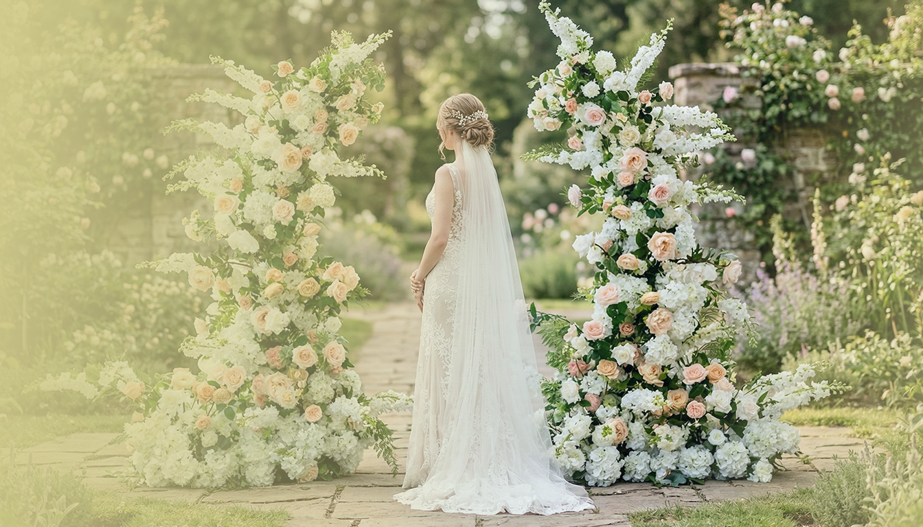 Toronto bride standing before a faux flower arch by Rose Haven Rentals