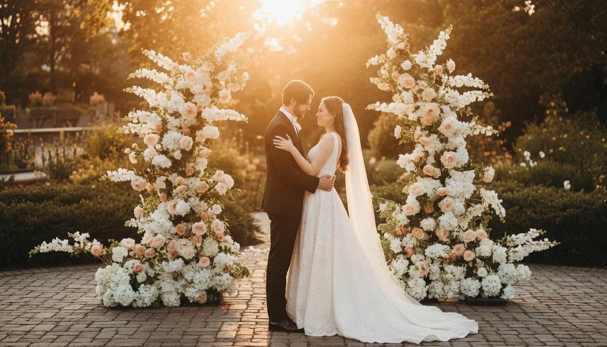 Wedding couple embracing in front of floral arrangements with a sunset behind them
