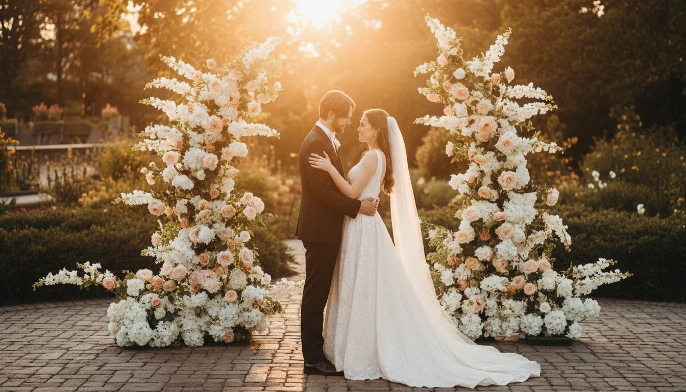 Wedding couple embracing in front of floral arrangements with a sunset background