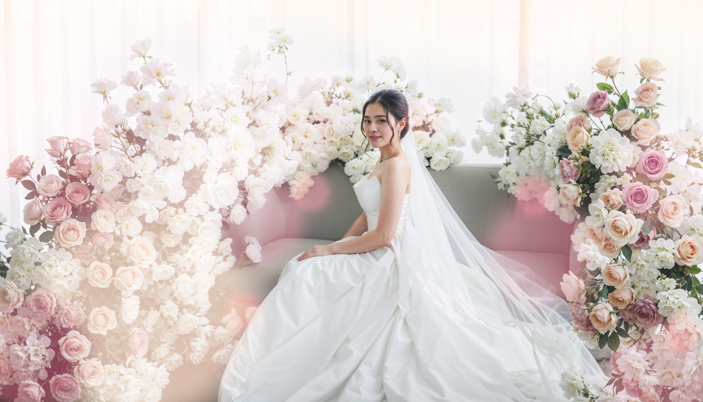 Woman in a white wedding dress surrounded by faux floral decorations