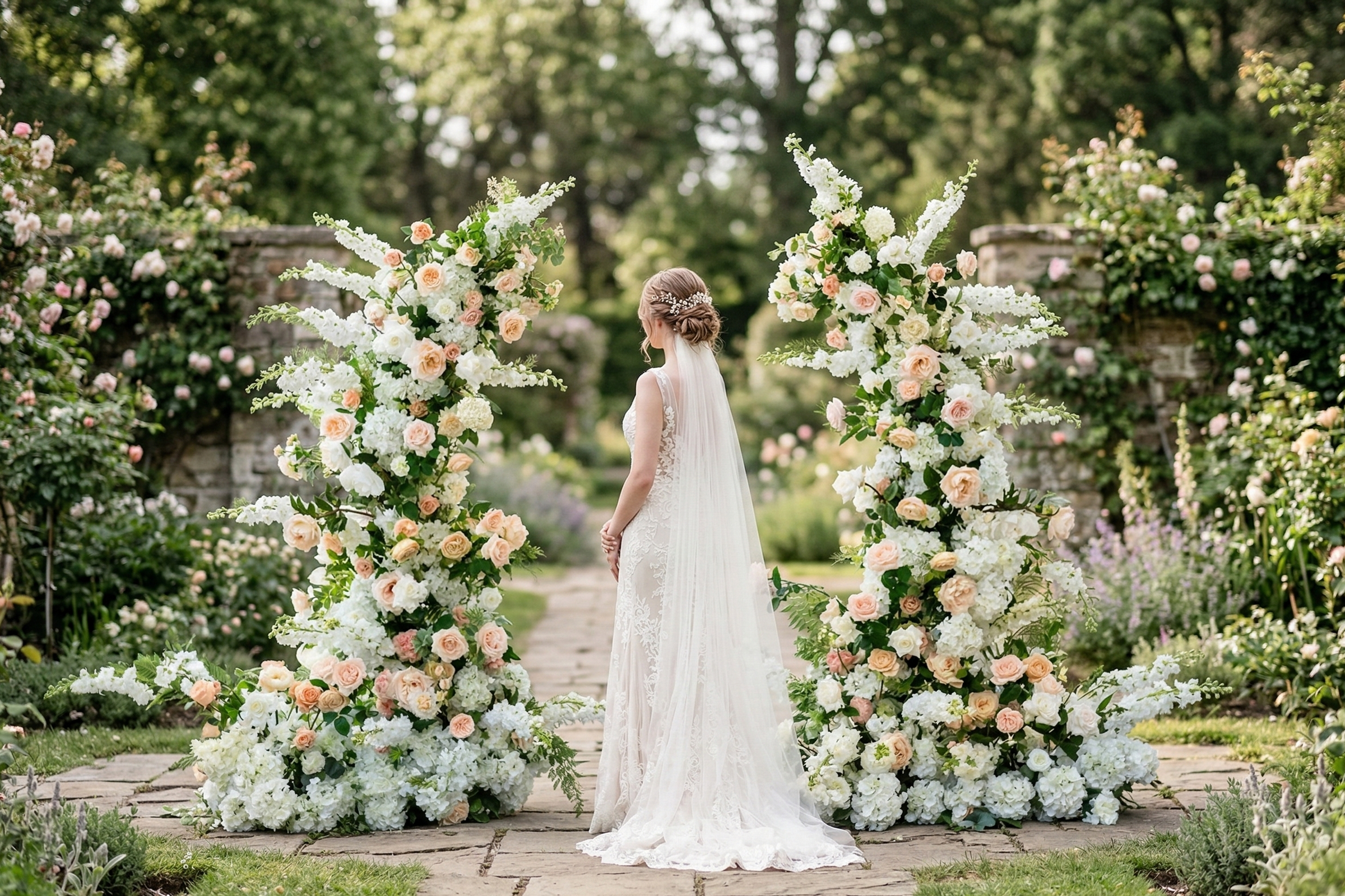 Woman in a white dress standing between two floral arches in a garden setting.