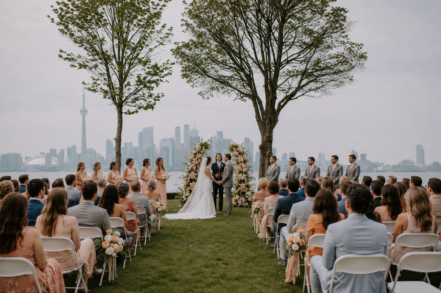 Wedding ceremony with a city skyline in the background